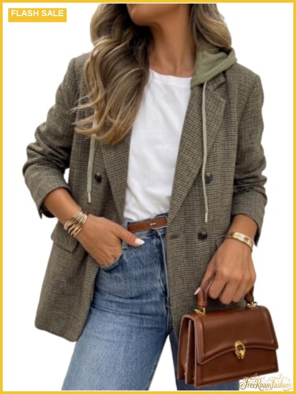 Wool Blend Tweed Plaid Blazer Detachable Hood Business Casual